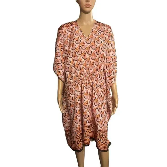 Kaftan Dress OSFM Pink Orange Bohemian Elastic Cinch Flowy - Picture 3 of 8